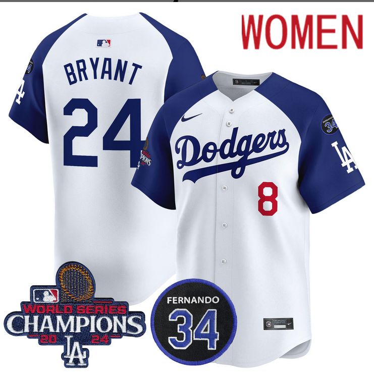 Women MLB Los Angeles Dodgers #24 Bryant white 2024 World Series Champions Patch Limited Jersey style 2->women mlb jersey->Women Jersey